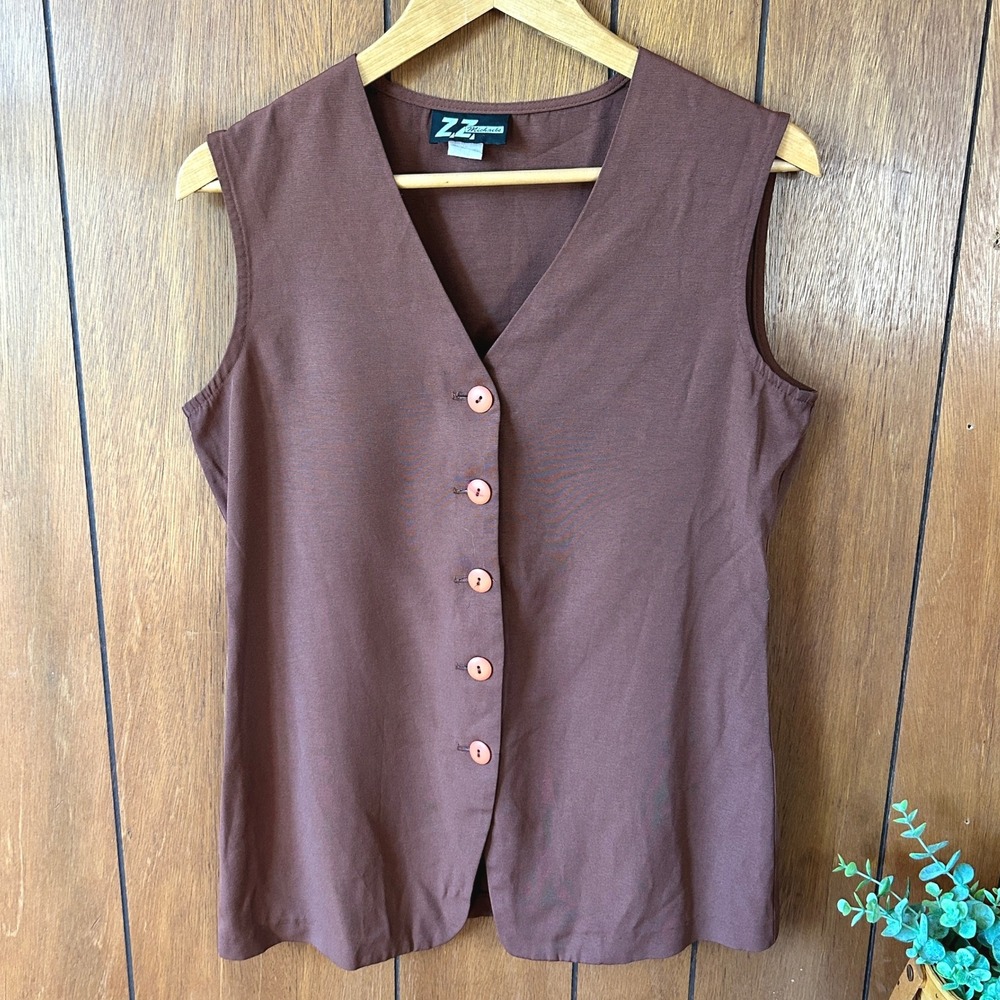 ZZ Michaels Vest Top Sleeveless Brown Button Down Tie Back Small S